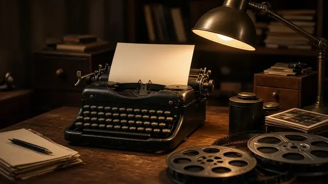 Illustration of a vintage typewriter with a blank sheet on a cluttered writing desk lit by a warm lamp