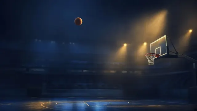 Illustration of a basketball arcing toward the hoop from deep beyond the three-point line in a dim arena with blue and gold light
