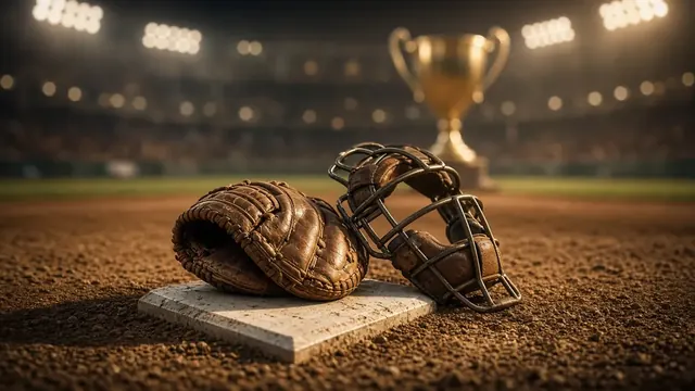 Illustration of a catcher's mitt and mask resting on home plate under stadium lights, with a trophy glowing in the background