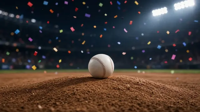 Illustration of a baseball resting on the pitcher's mound under bright stadium lights with confetti falling over an empty infield