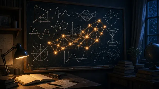 Illustration of a dark lecture hall chalkboard covered in abstract symbols, suddenly lit by a bright floodlight beam
