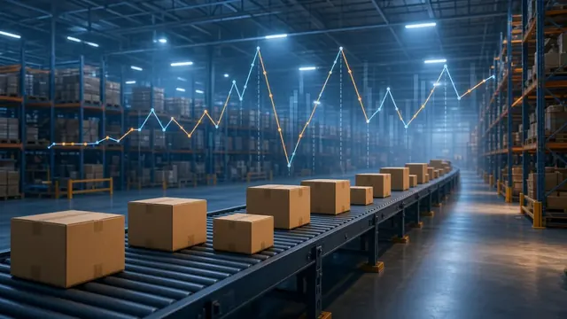 Illustration of stacked cardboard parcels beside a row of glowing data center servers with an abstract dipping line chart