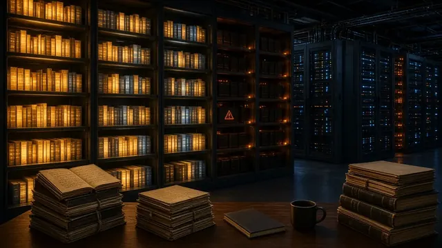 Illustration of a vast library at night with shelves of glowing books behind a locked gate and a padlock and key resting on a reading desk
