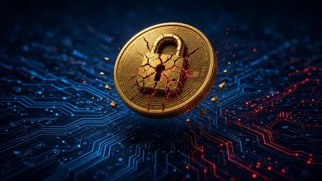 Illustration of a glowing digital vault door left ajar with streams of abstract golden coins flowing out into a dark network grid