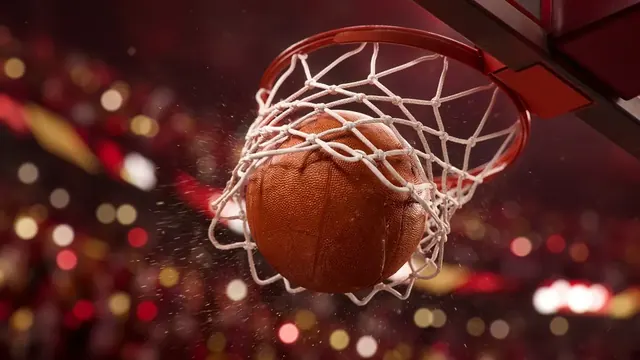 Illustration of a basketball dropping toward a hoop in a packed arena, with red and wine-colored crowd lights