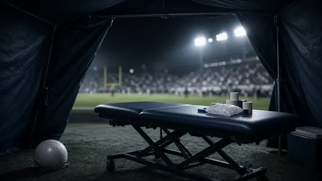 Illustration of an ambulance with lights glowing parked in a stadium tunnel, with a brightly lit football field visible beyond