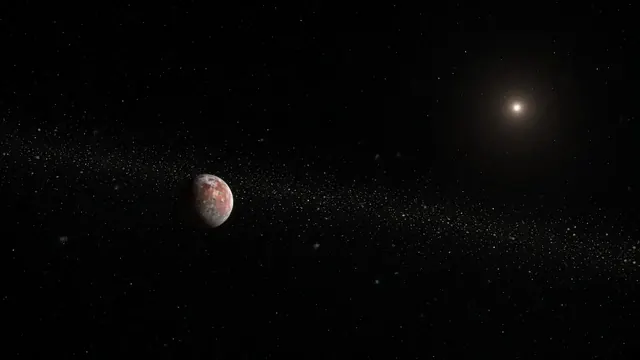 Illustration of a faint icy world half-hidden among a dense, glittering band of stars in deep space