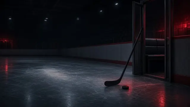 Illustration of an empty hockey locker stall with a hanging jersey silhouette and skates under dim arena lights