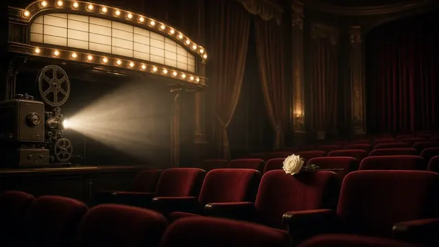 Illustration of an empty vintage movie theater with red velvet seats, a softly glowing screen and a single lit candle in the aisle