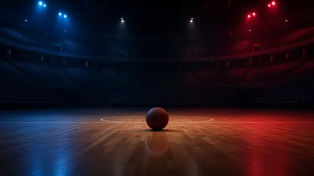 Illustration of a basketball arena from courtside with a ball swishing through the net and players in generic navy and red jerseys running the floor