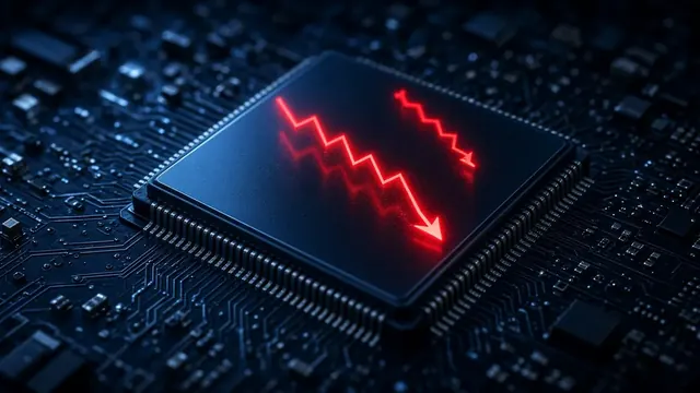 Illustration of a silicon wafer on a lab bench beside a glowing trading screen with abstract falling candlestick shapes