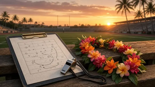 Illustration of a lei of tropical flowers resting on the grass of an empty football field at dusk, with palm trees beyond the stadium lights