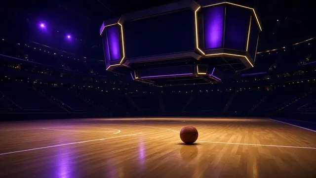 Illustration of a basketball court at night with a ball swishing through the net and purple and navy arena lights