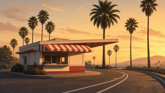 Illustration of a classic roadside burger drive-thru at sunset beside an open highway stretching across a wide map-like landscape