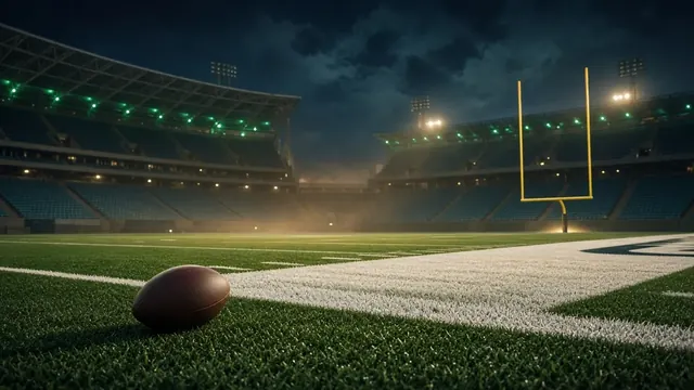 Illustration of a rain-slicked college football field under bright stadium lights at night, with a football resting on the turf