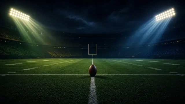 Illustration of a night football stadium under bright lights with players in generic green and blue jerseys at the line of scrimmage