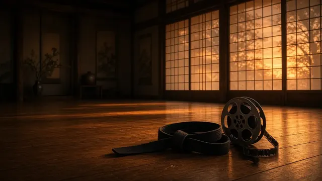 Illustration of an empty martial arts training mat with a folded black belt beside a pair of practice weapons in soft studio light