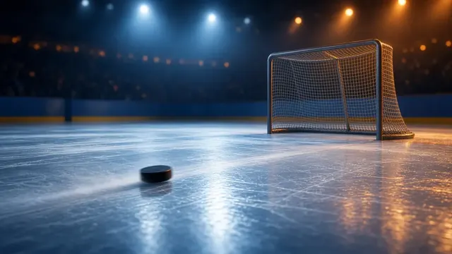 Illustration of a hockey puck sliding across scratched arena ice toward an empty net, with motion streaks and blurred arena lights
