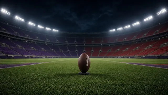 Illustration of a football sailing through goalposts under bright stadium lights on a cool autumn night, with a blurred crowd in the stands