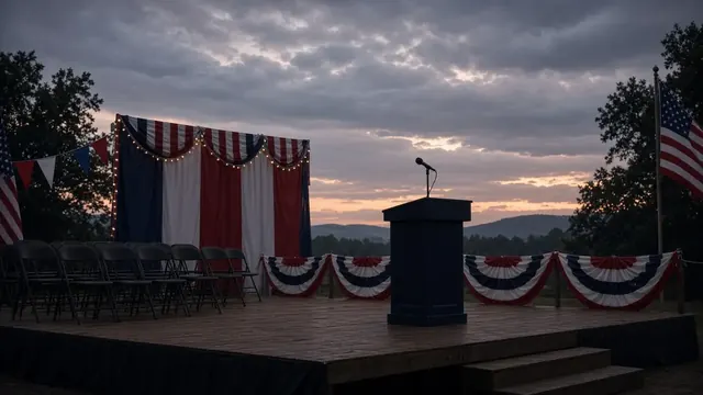 Illustration of an empty outdoor rally stage with unlit spotlights and a lone microphone stand at dusk, beside a telephone handset