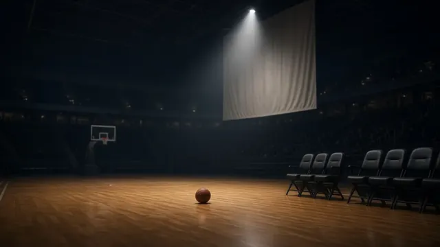 Illustration of an empty basketball court under arena lights with a lone microphone stand at center court