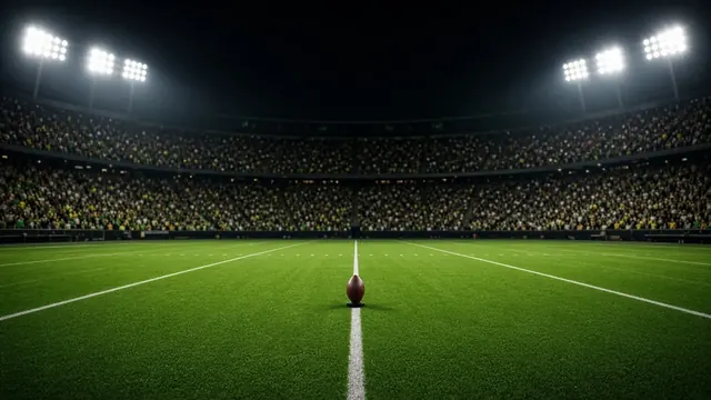 A college football stadium at night under bright lights, with a quarterback silhouette mid-throw and a blurred crowd in the stands