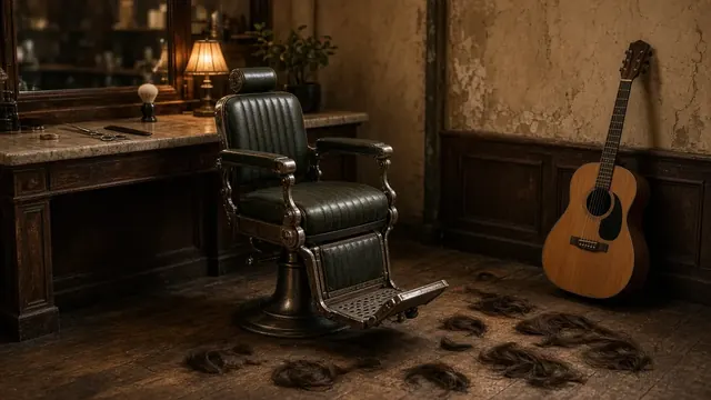 Illustration of an electric guitar leaning on a stool on an empty stage beside a pair of barber scissors under a warm spotlight