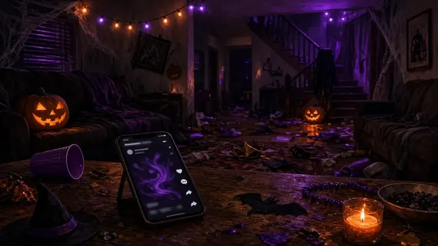 An empty boxing ring under a single spotlight in a dark gym, with Halloween decorations faintly visible in the background