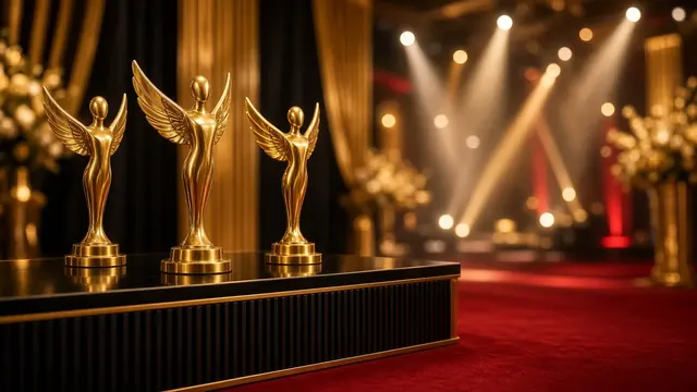 Golden statuettes lined up on a dark stage under warm spotlights with an empty audience in soft focus