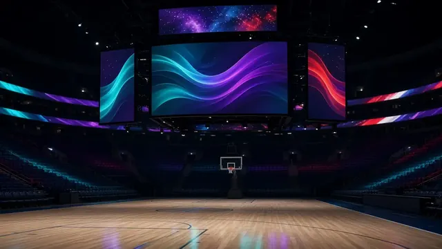 Illustration of a basketball resting on a shiny hardwood court under bright arena lights with an empty rim in the background