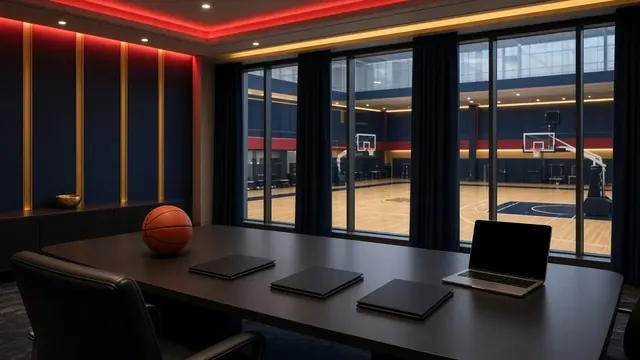 Empty basketball arena viewed from the stands with a clipboard and notepad resting on a courtside seat