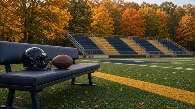 Illustration of a college football resting on the turf at the goal line of an empty stadium under night floodlights
