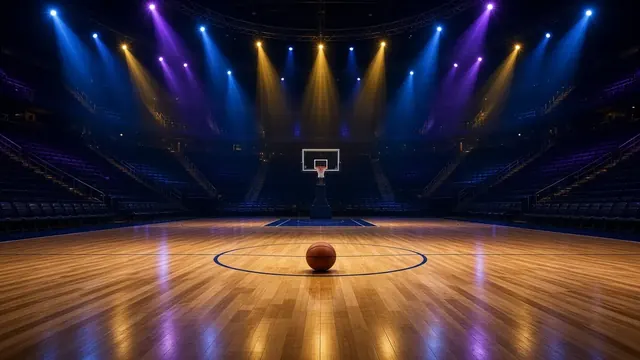 A packed basketball arena under bright lights with a ball arcing toward the hoop and a blurred crowd in gold and purple tones