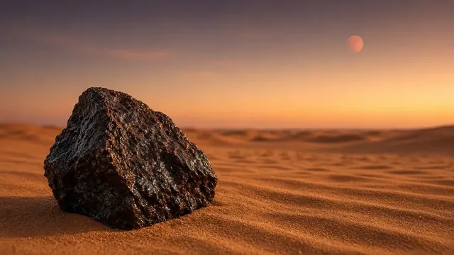 A dark reddish meteorite fragment resting on Sahara sand dunes at dusk, no text