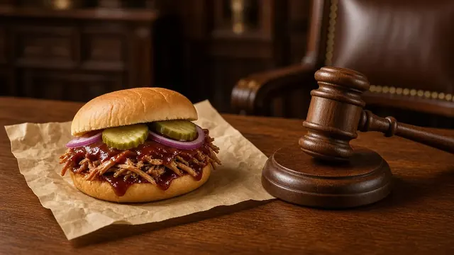 Barbecue pork sandwich on a paper wrapper beside a wooden judge's gavel on a courtroom table