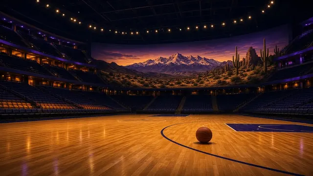 Basketball swishing through a net during a night game, with arena lights and a blurred crowd in the background