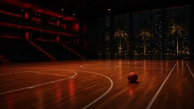 Illustration of a glowing basketball arc over a hoop in a packed arena with warm pink and teal evening lights