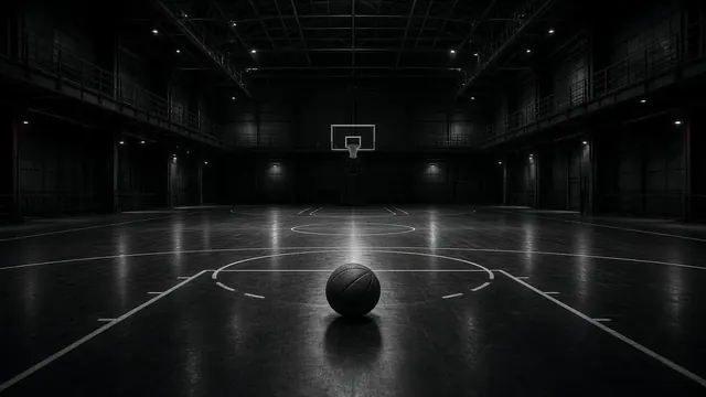 A dark basketball arena with dramatic spotlights on the court and a player driving to the basket past a blurred defender
