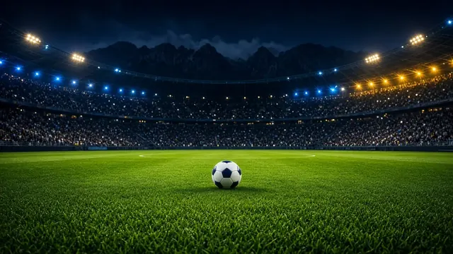 Illustration of a soccer ball hitting the back of a net under stadium floodlights at night, with blurred crowd in the stands