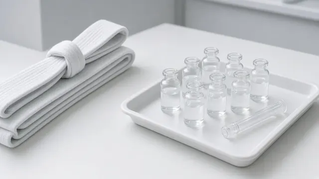 Illustration of a row of small unlabeled glass vials on a clinic counter beside a closed medical folder in cool light