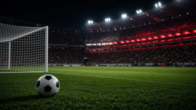 Soccer ball flying toward the top corner of a net under stadium floodlights at night, with a blurred crowd behind