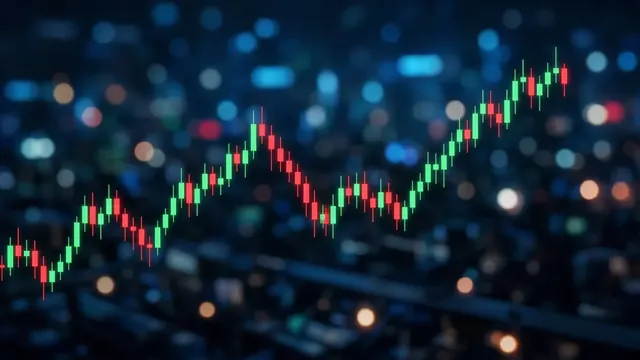 Illustration of a dim trading floor with wall screens showing steep red downward line charts and abstract candlestick bars